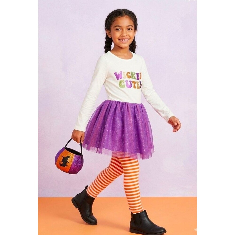 Girls 'Wicked Cute' Halloween Tutu Dress with Orange Striped Leggings